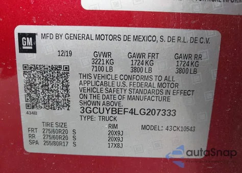 2020 Chevrolet Silverado 1500 4Wd Short Bed Custom from USA, damaged, VIN 3GCUYBEF4LG207333